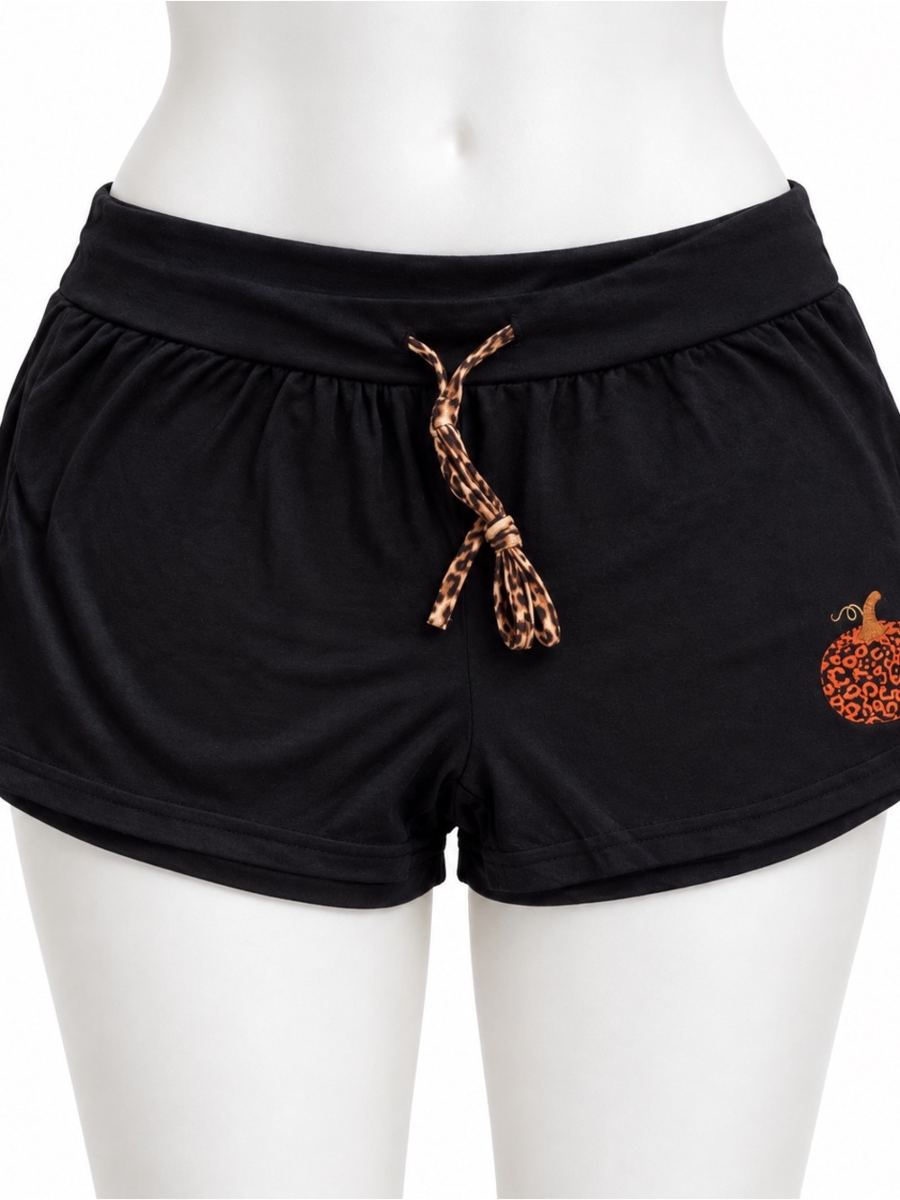 Women’s black Lounge Shorts with Leopard Tie and Embroidered Pumpkin Accent